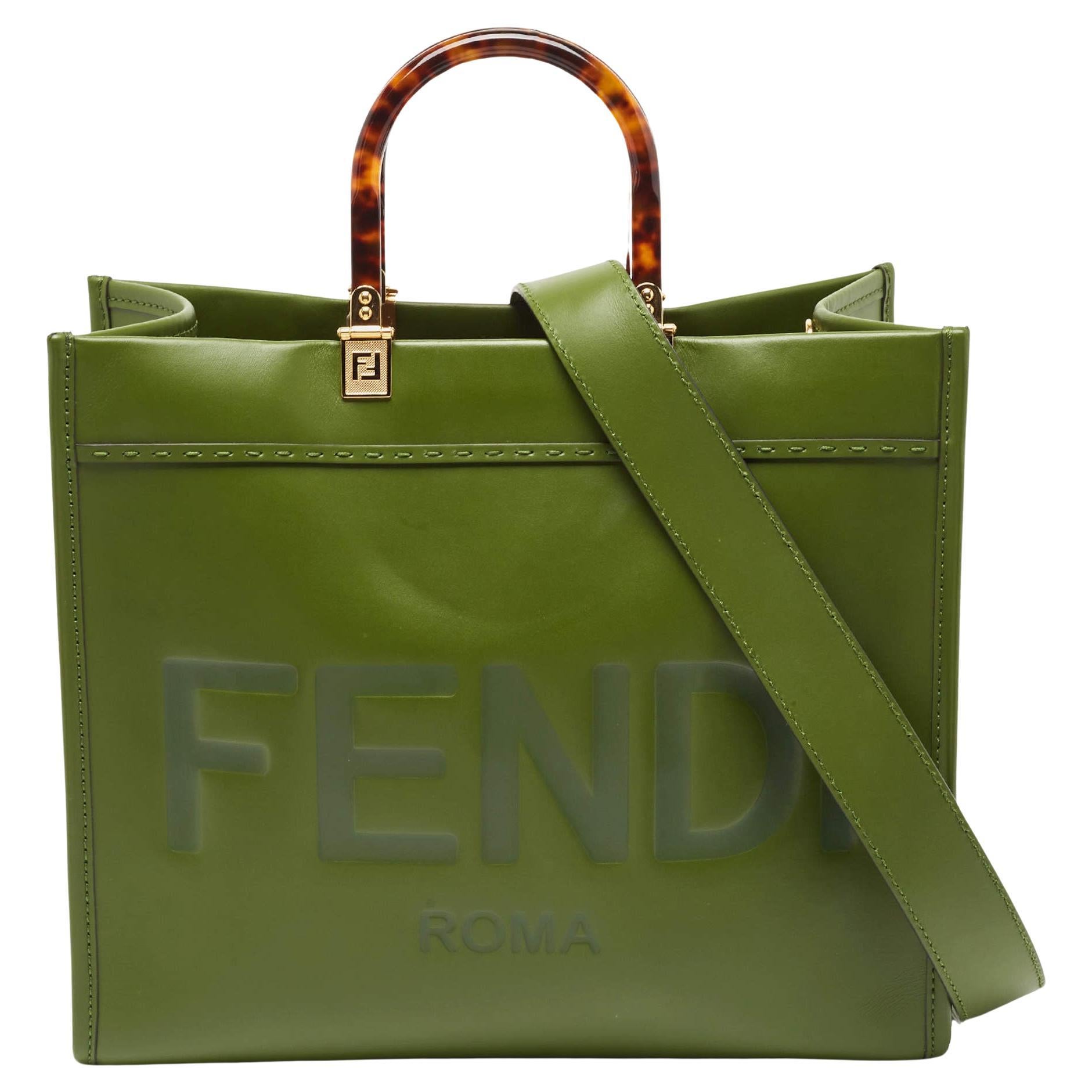 Fendi Green Leather Medium Sunshine Tote For Sale