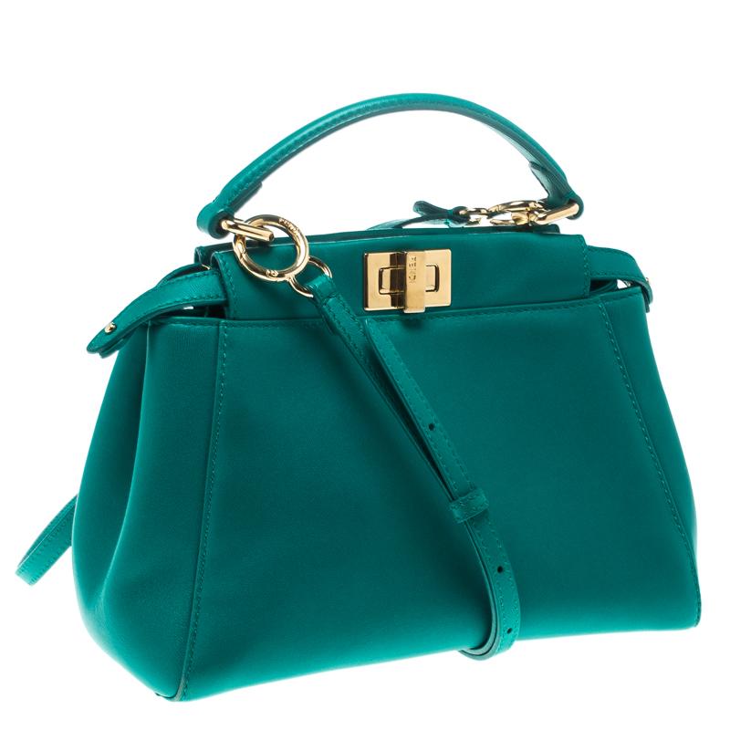 Fendi Green Leather Mini Peekaboo Top Handle Bag In Good Condition In Dubai, Al Qouz 2