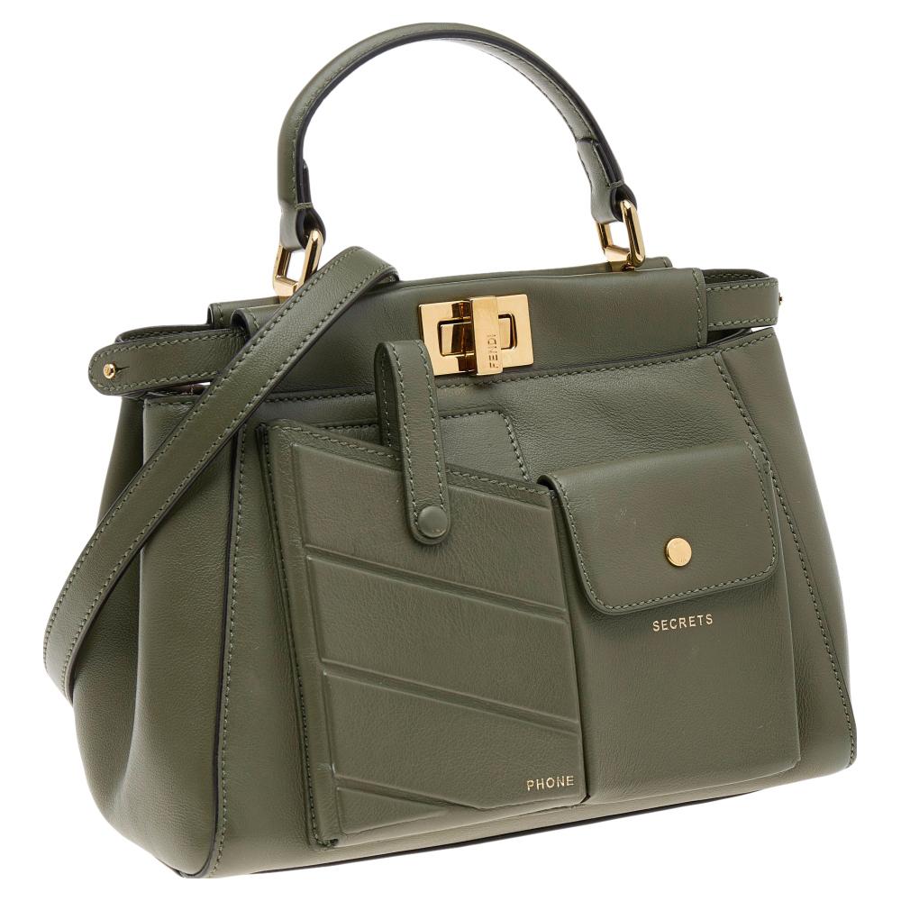 Fendi Green Leather Peekaboo Top Handle Bag 4
