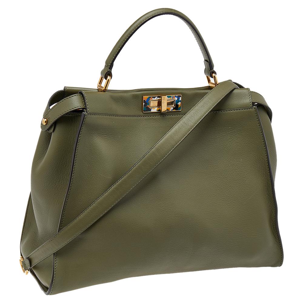 Brown Fendi Green Leather Peekaboo Top Handle Bag