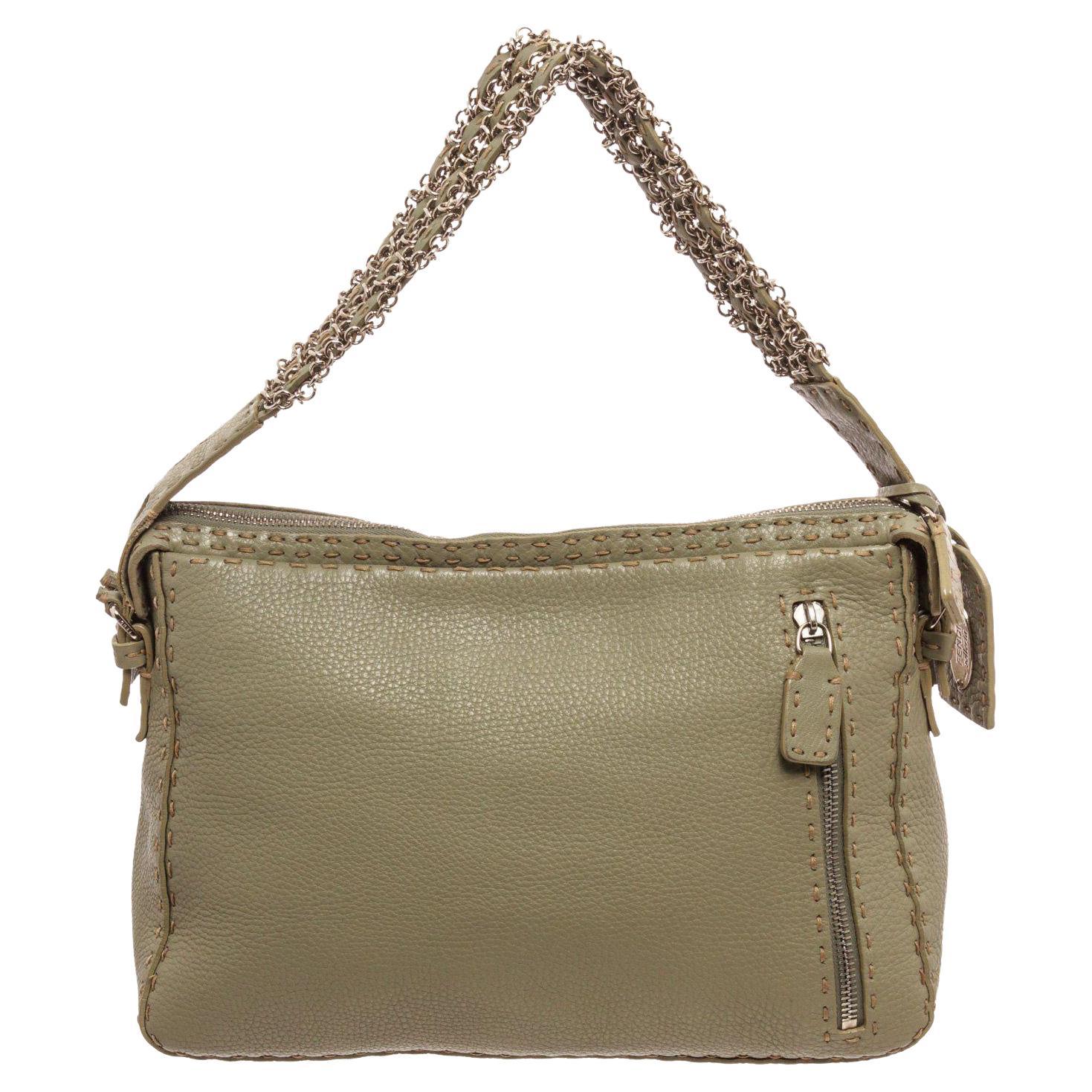 Fendi Green Leather Selleria Shoulder Bag