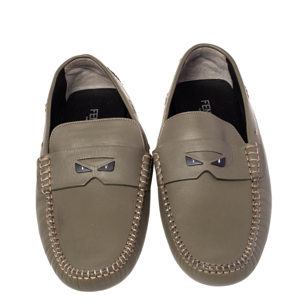 Gray Fendi Green Leather Slip On Loafers Size 43