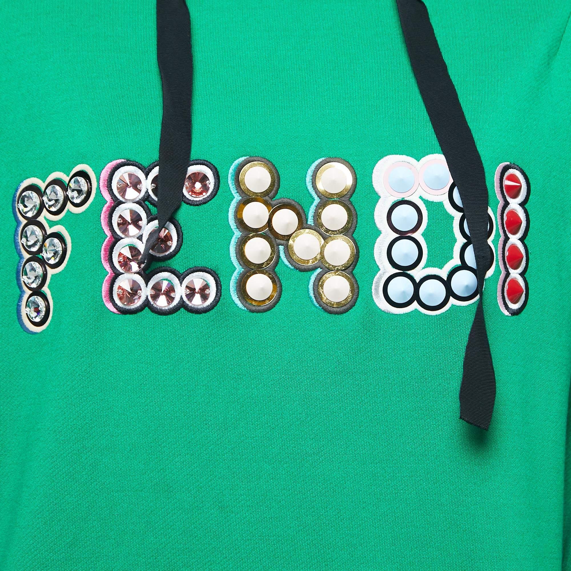 Fendi Green Logo Embellished Cotton Hooded Sweatshirt M In Excellent Condition In Dubai, Al Qouz 2