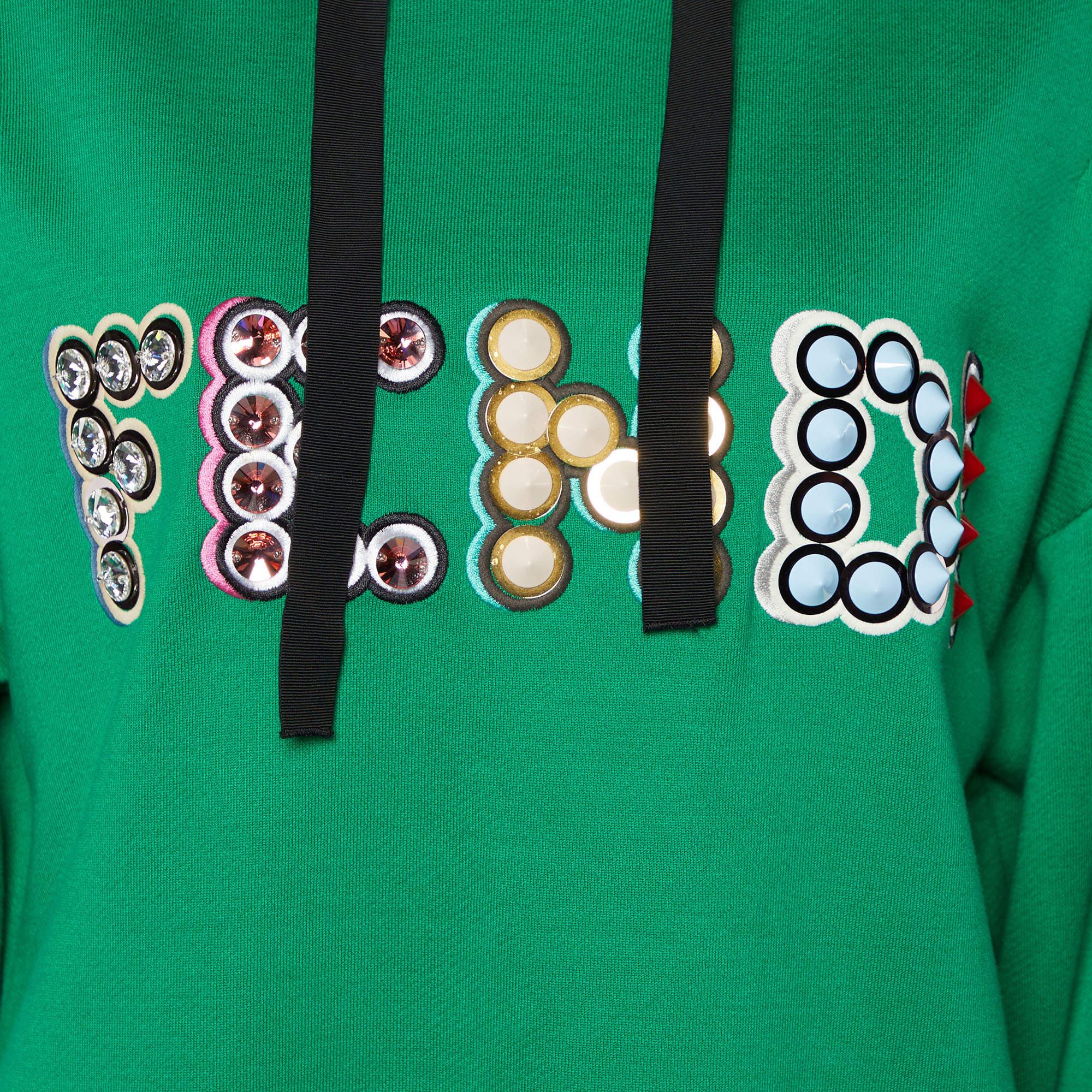 Fendi Green Logo Embellished Cotton Knit Asymmetric hem Hooded Sweatshirt S In Good Condition In Dubai, Al Qouz 2