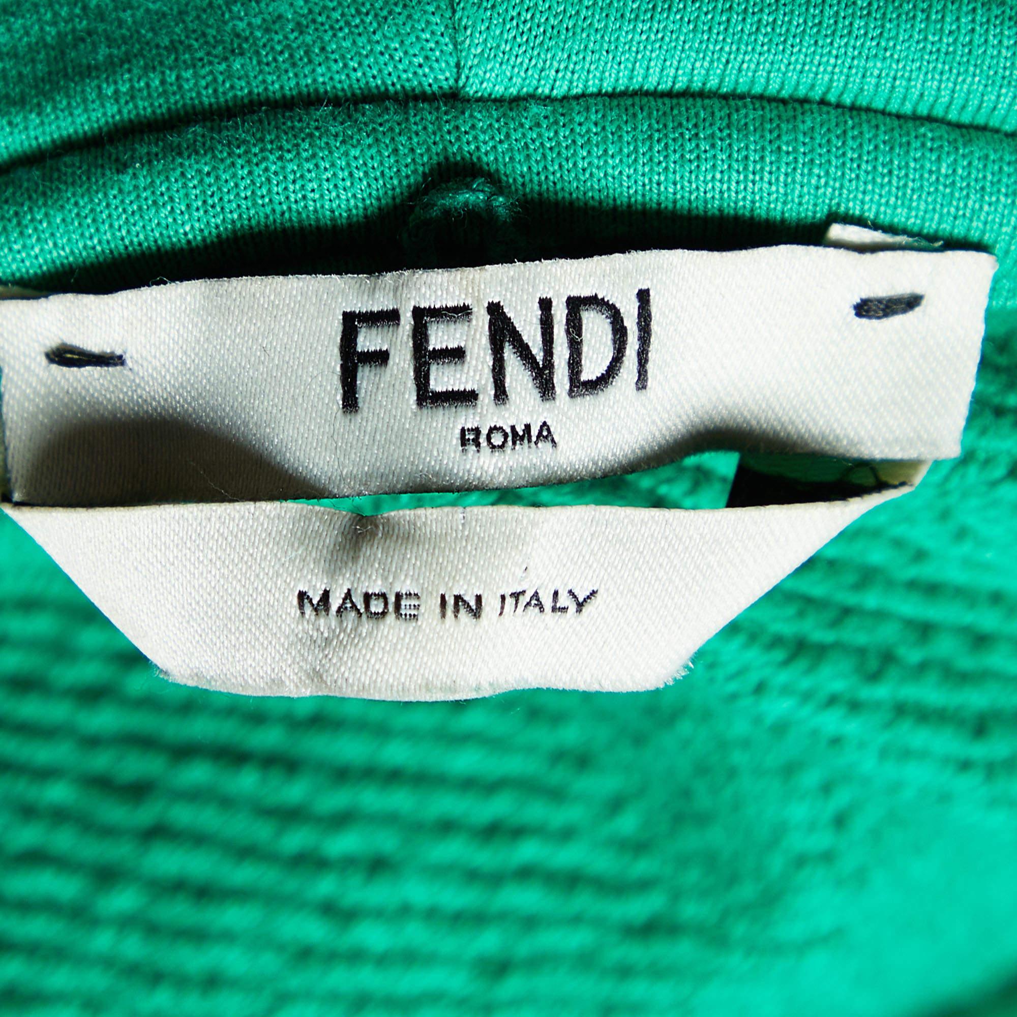 Women's or Men's Fendi Green Logo Embellished Cotton Knit Asymmetric hem Hooded Sweatshirt S