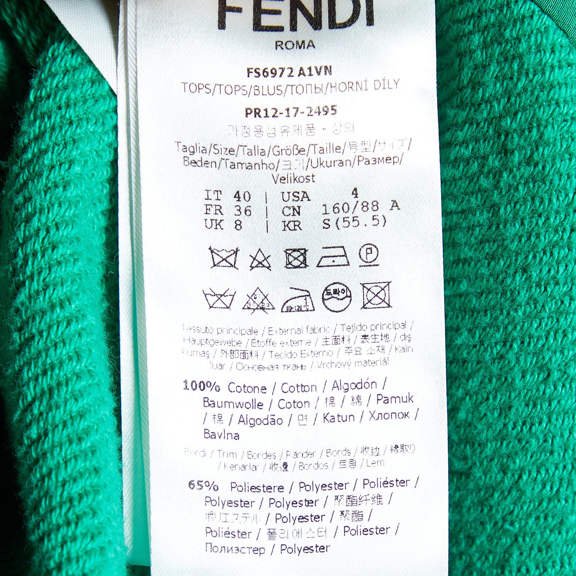 Fendi Green Logo Embellished Cotton Knit Asymmetric hem Hooded Sweatshirt S 1