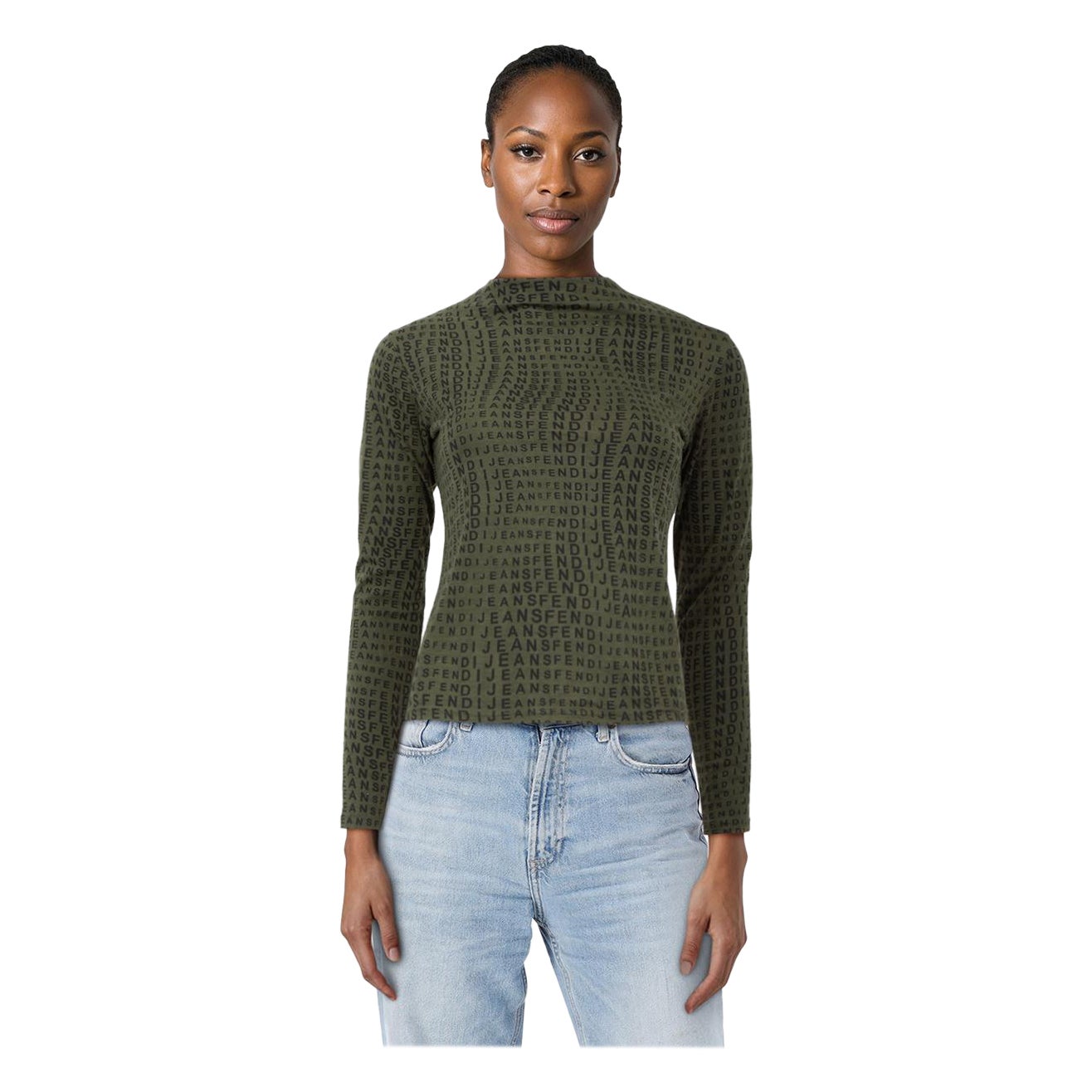 Fendi Grünes Logo Print Langarm Top Größe M