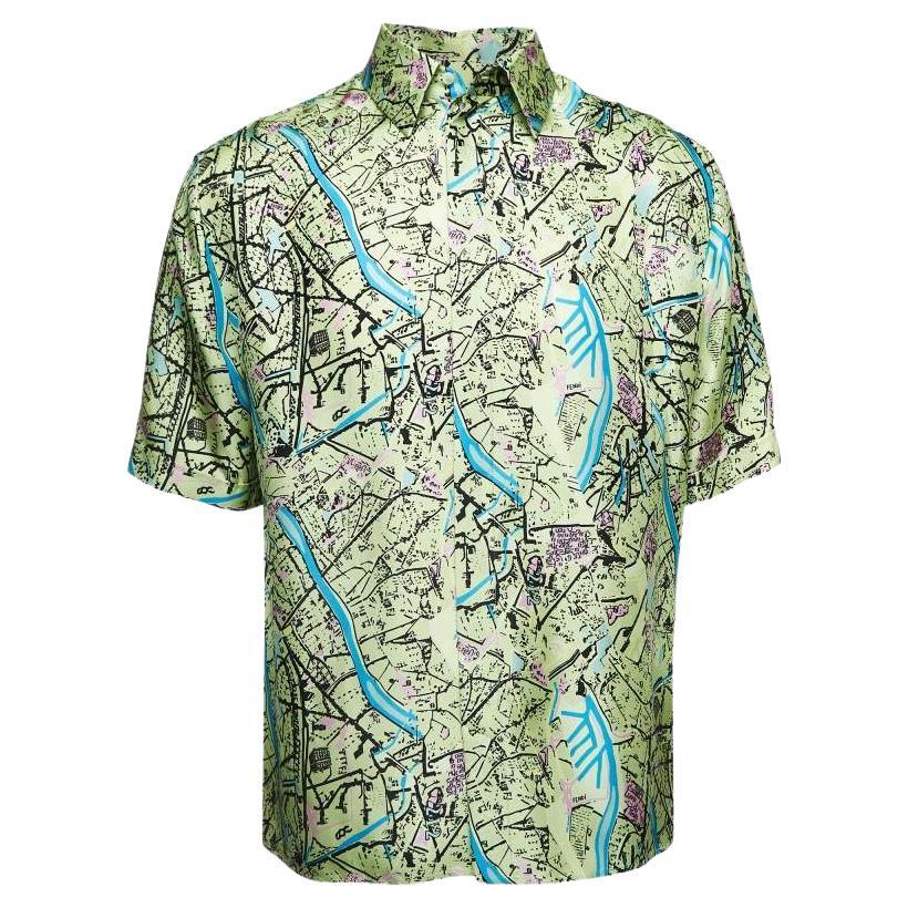 Fendi Green Map Print Silk Twill Short Sleeve Shirt L For Sale