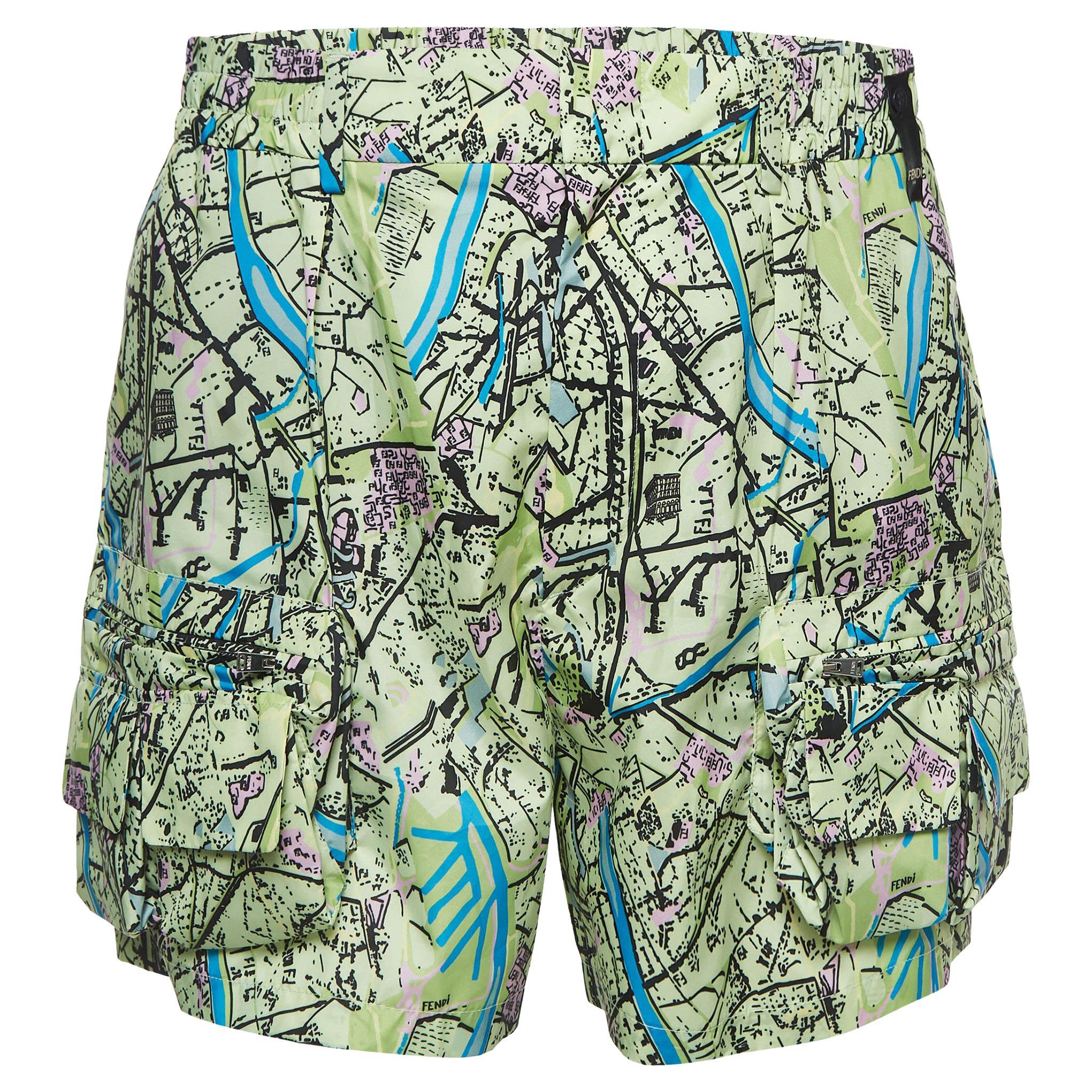 Fendi Green Map Print Synthetic Pocket Detail Bermuda Shorts L For Sale