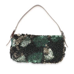 Fendi Green Metallic Leather Beaded Sequin Medium Baguette