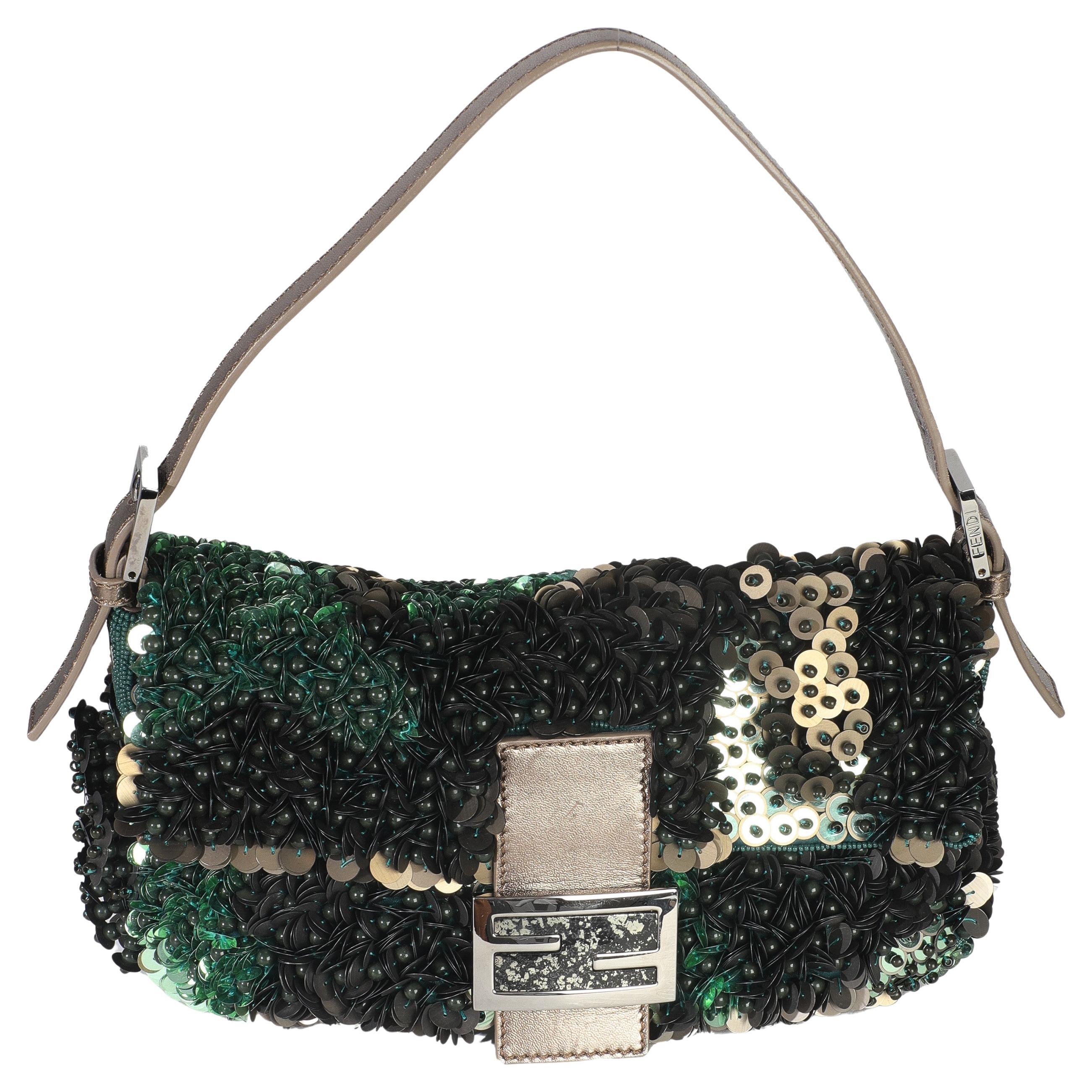 Fendi Green Metallic Leather Beaded Sequin Medium Baguette For Sale