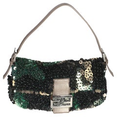Fendi Green Metallic Leather Beaded Sequin Medium Baguette