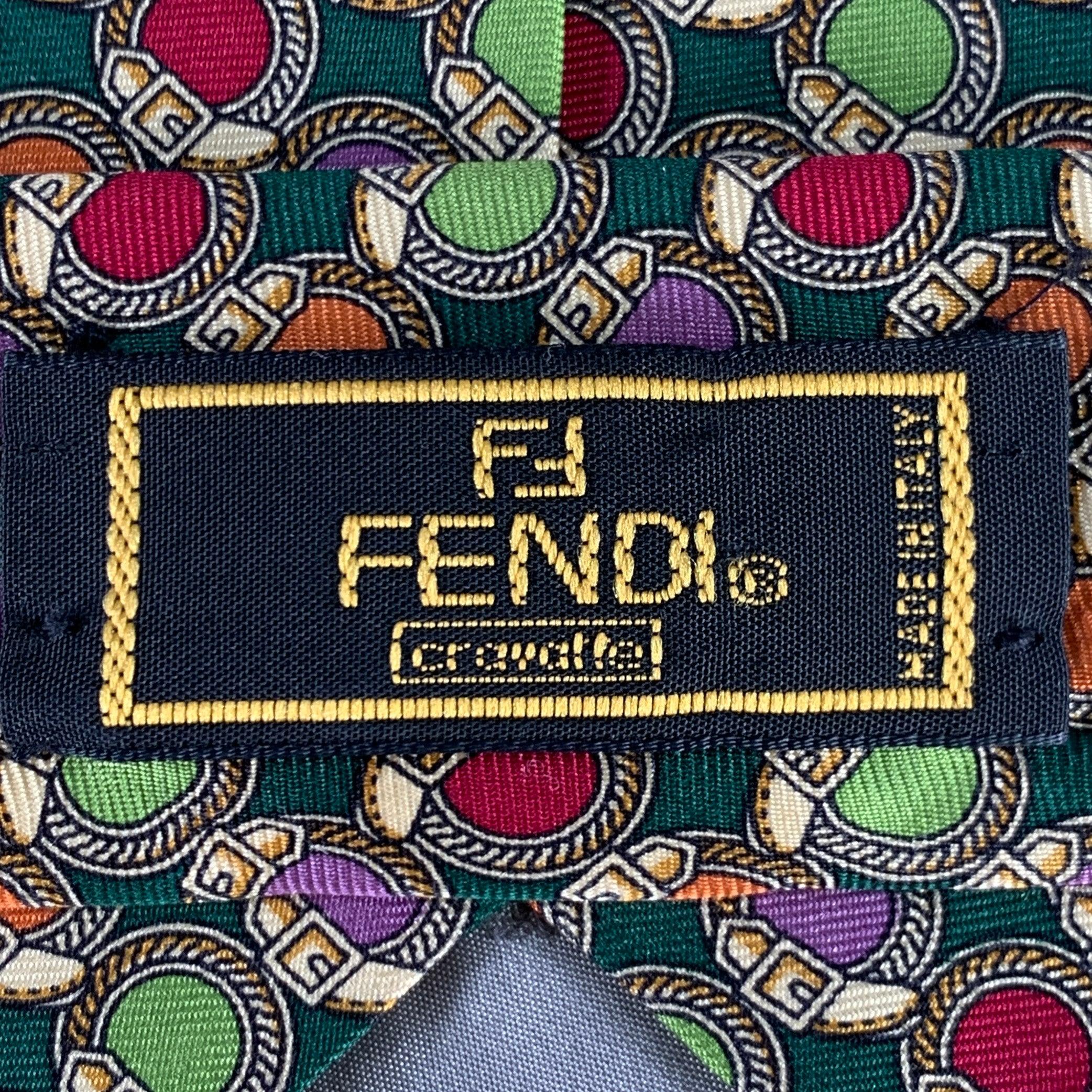 FENDI Green Multi Color Dots Silk Tie In Good Condition For Sale In San Francisco, CA