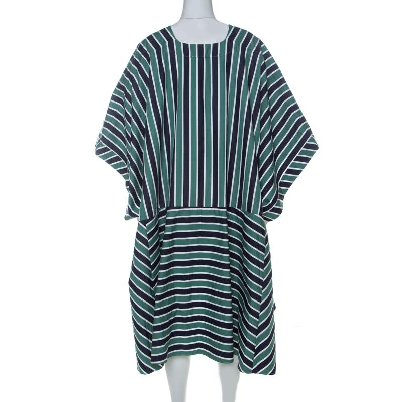 Black Fendi Green & Navy Striped Cotton Abito Kimono Dress S