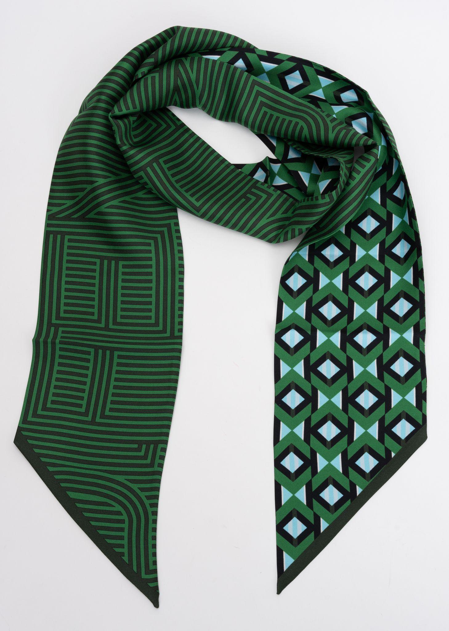 Fendi green black celeste optical 100% Silk maxi Twilly. Reversible pattern, versatile scarf. 
Brand new in unused condition.