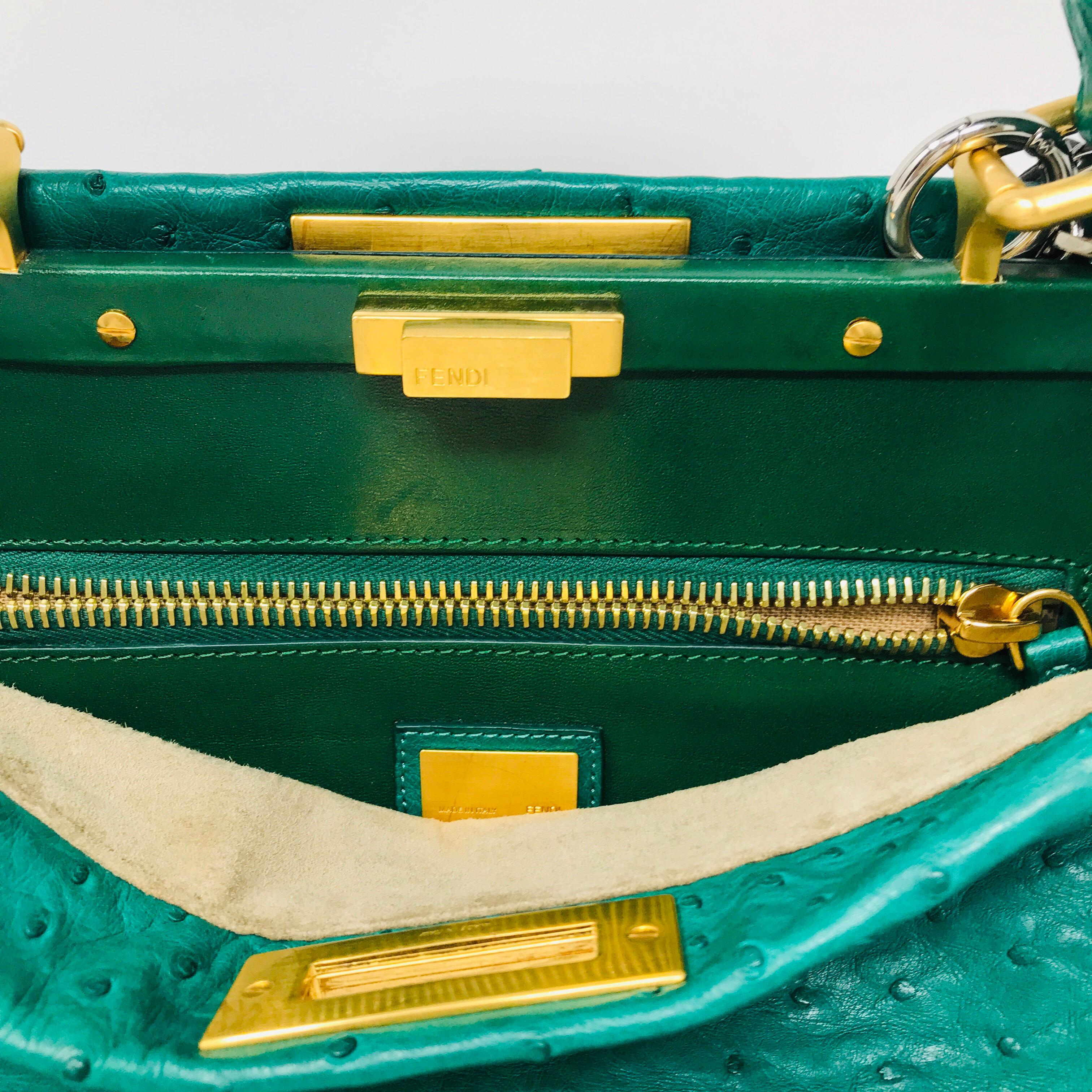 FENDI Green Ostrich Leather Peekaboo, 2018 In Excellent Condition For Sale In Milan, IT