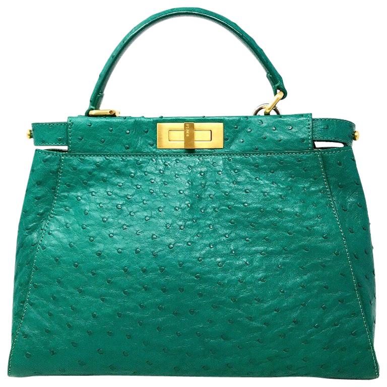 FENDI Green Ostrich Leather Peekaboo, 2018 For Sale