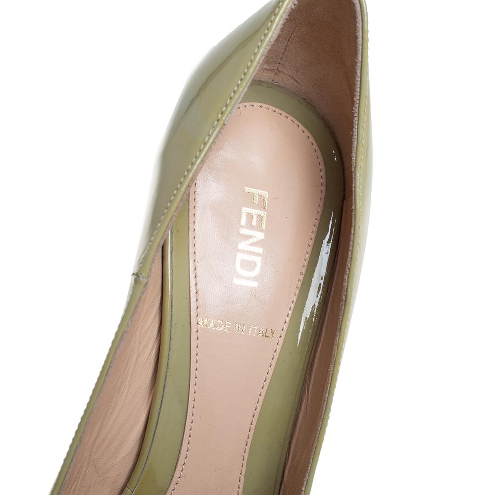 Women's Fendi Green Patent Leather Zucca Print Heel Peep Toe Pumps Size 38
