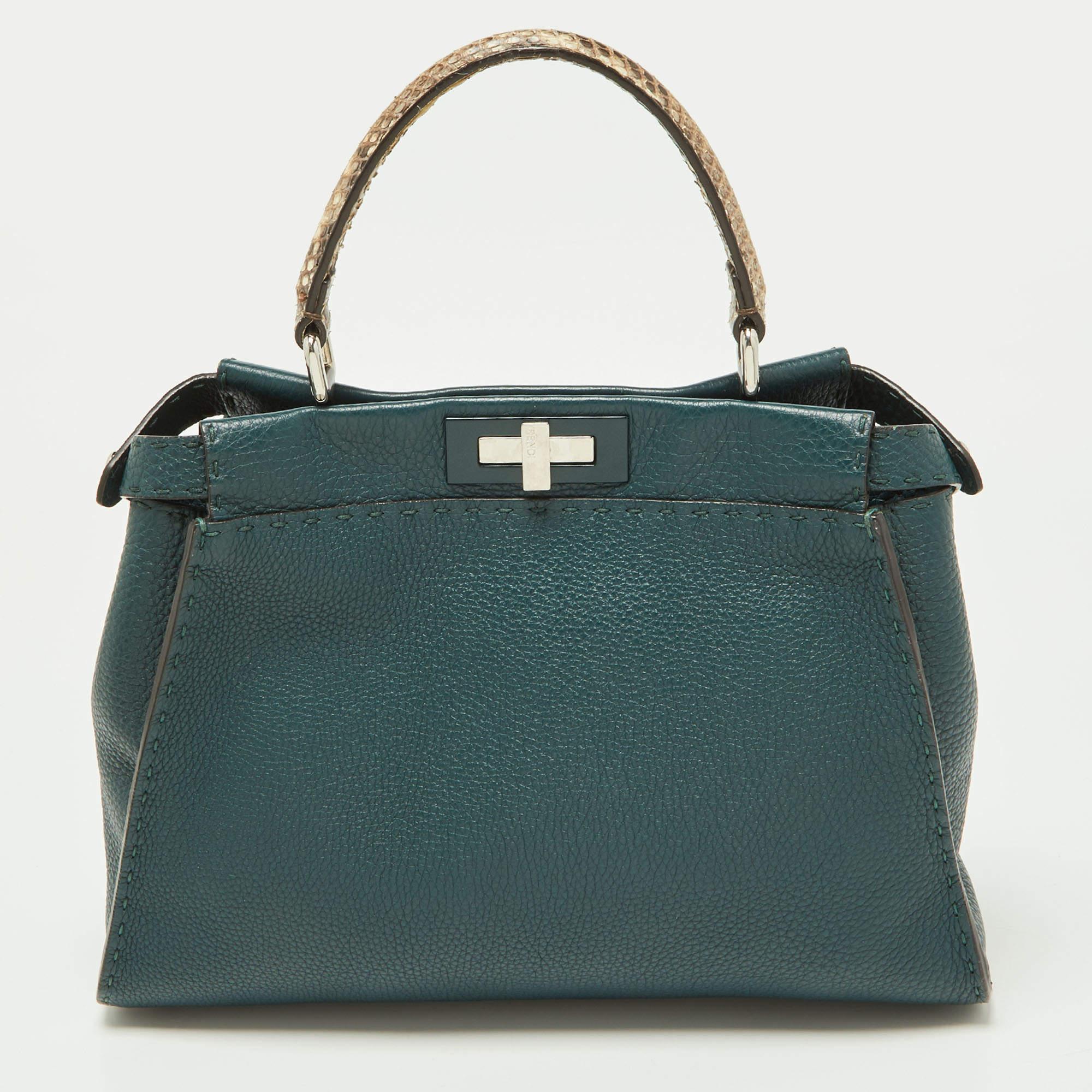 Fendi Green Selleria Leather and Python Medium Peekaboo Top Handle Bag For Sale 6