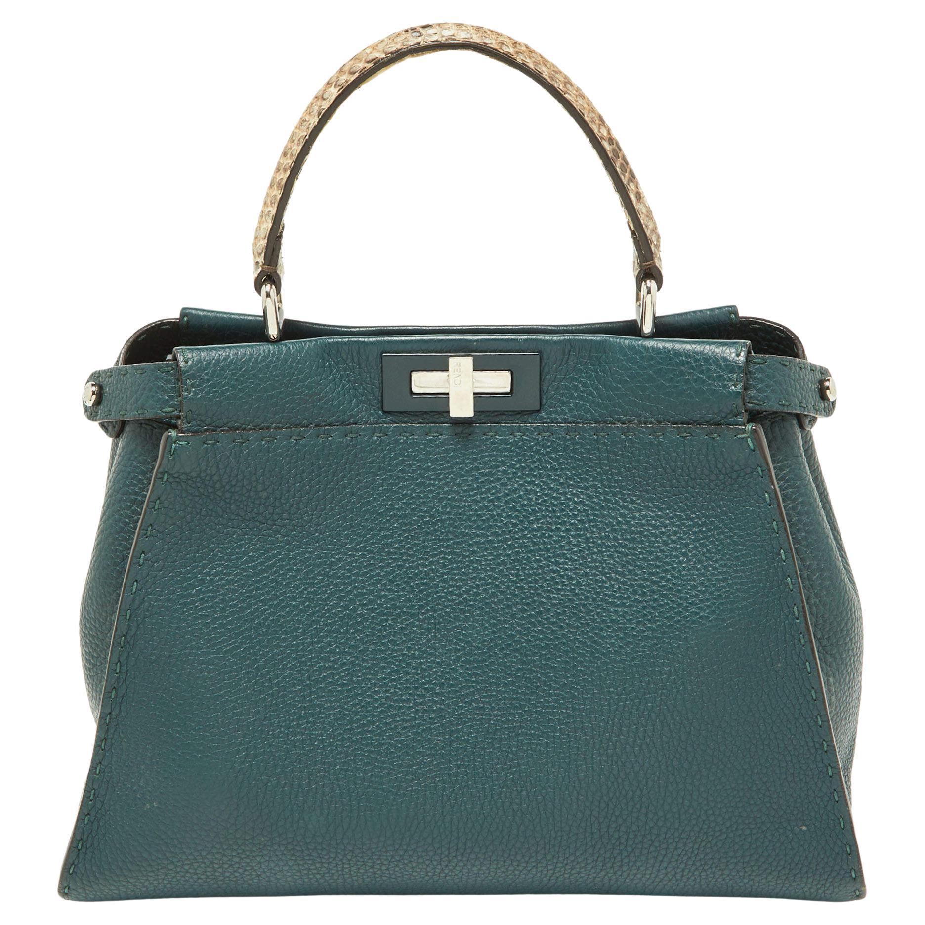 Fendi Green Selleria Leather and Python Medium Peekaboo Top Handle Bag For Sale