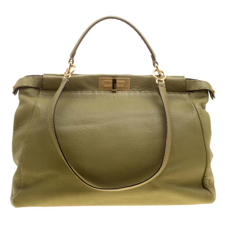 Fendi Green Selleria Leather Large Peekaboo Top Handle Bag