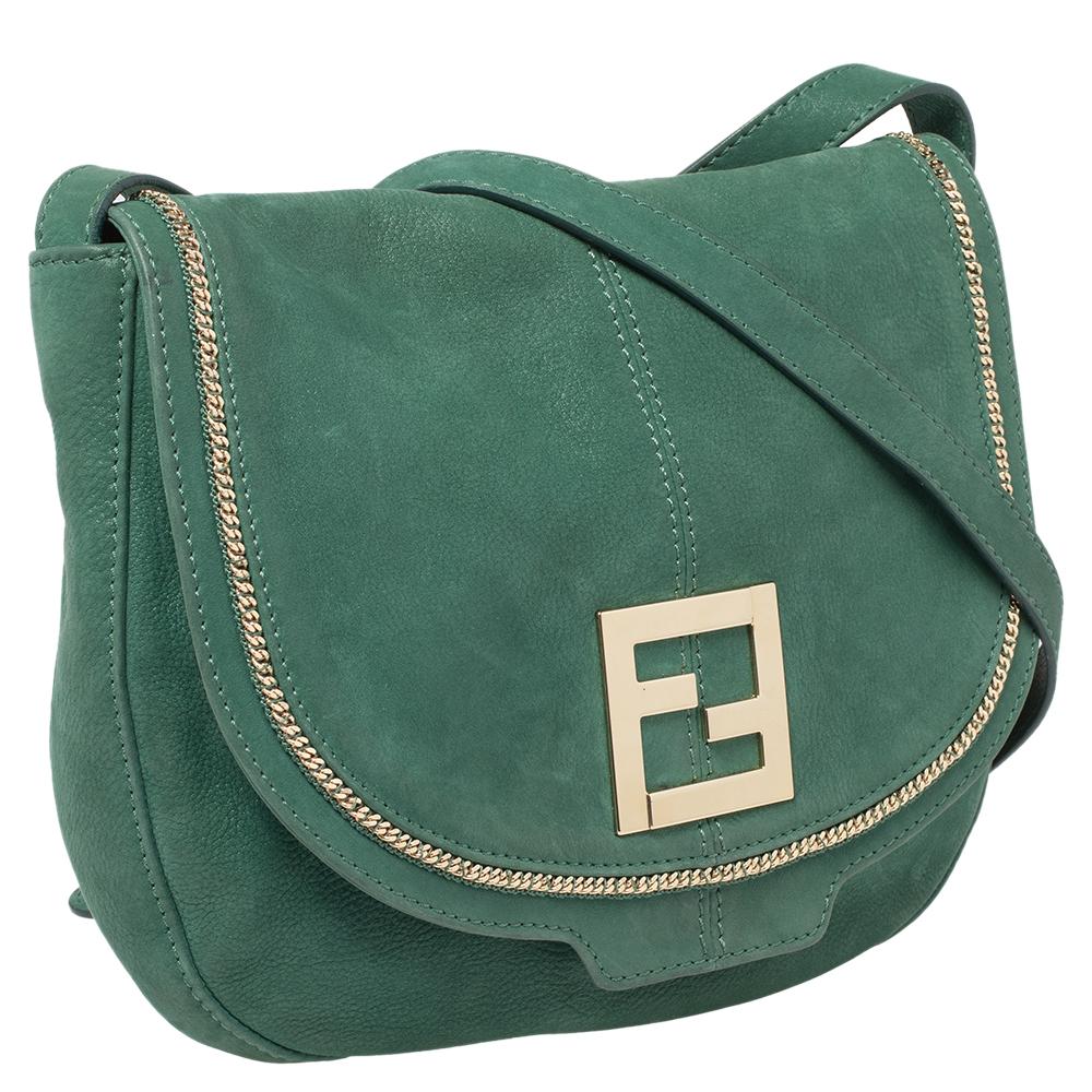 Gray Fendi Green Shimmering Leather Flap Crossbody Bag