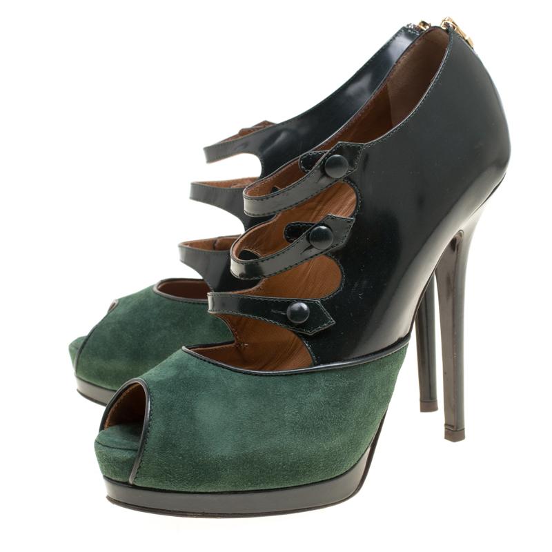 Fendi Green Suede And Leather Peep Toe Platform Pumps Size 39.5 4