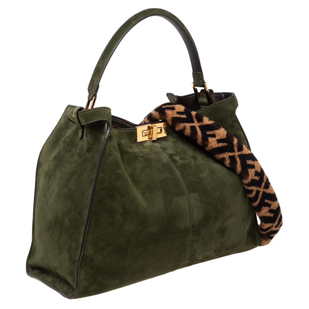 Fendi Green Suede Peekaboo X-Lite Large Top Handle Bag