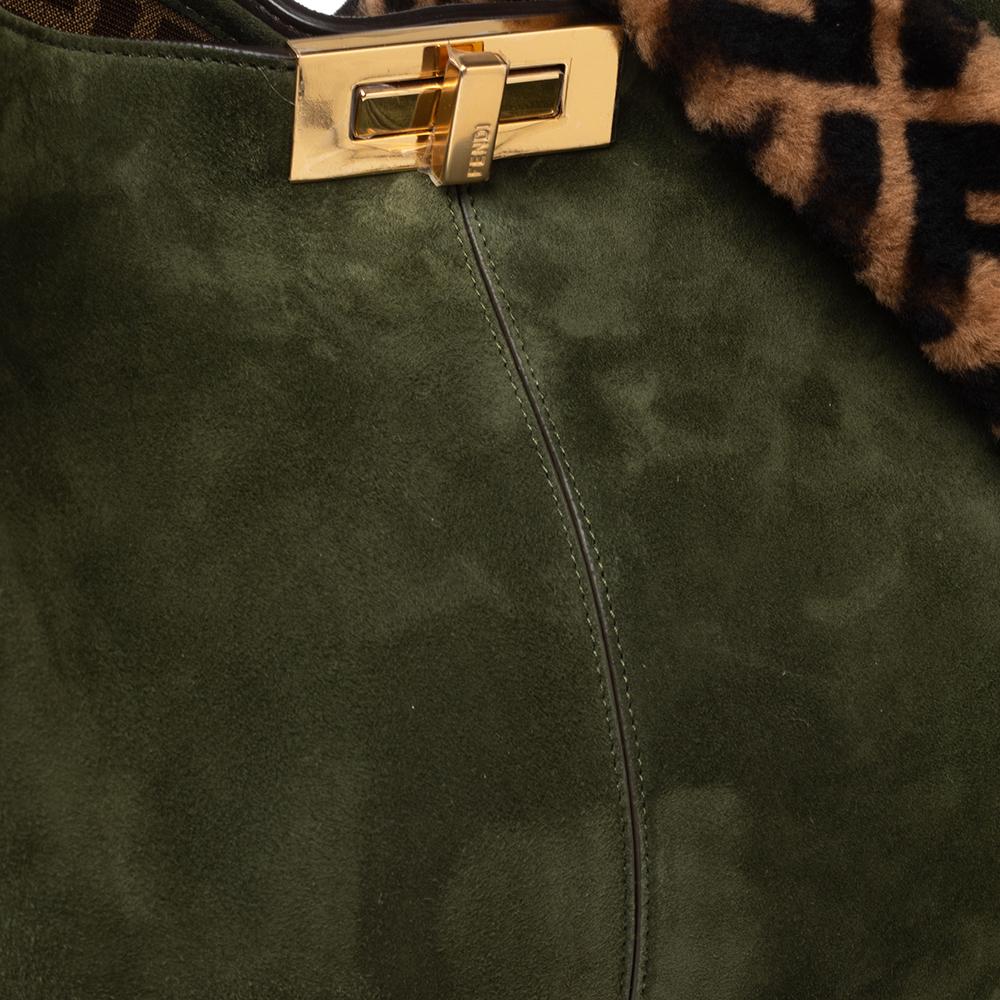Women's Fendi Green Suede Peekaboo X-Lite Large Top Handle Bag