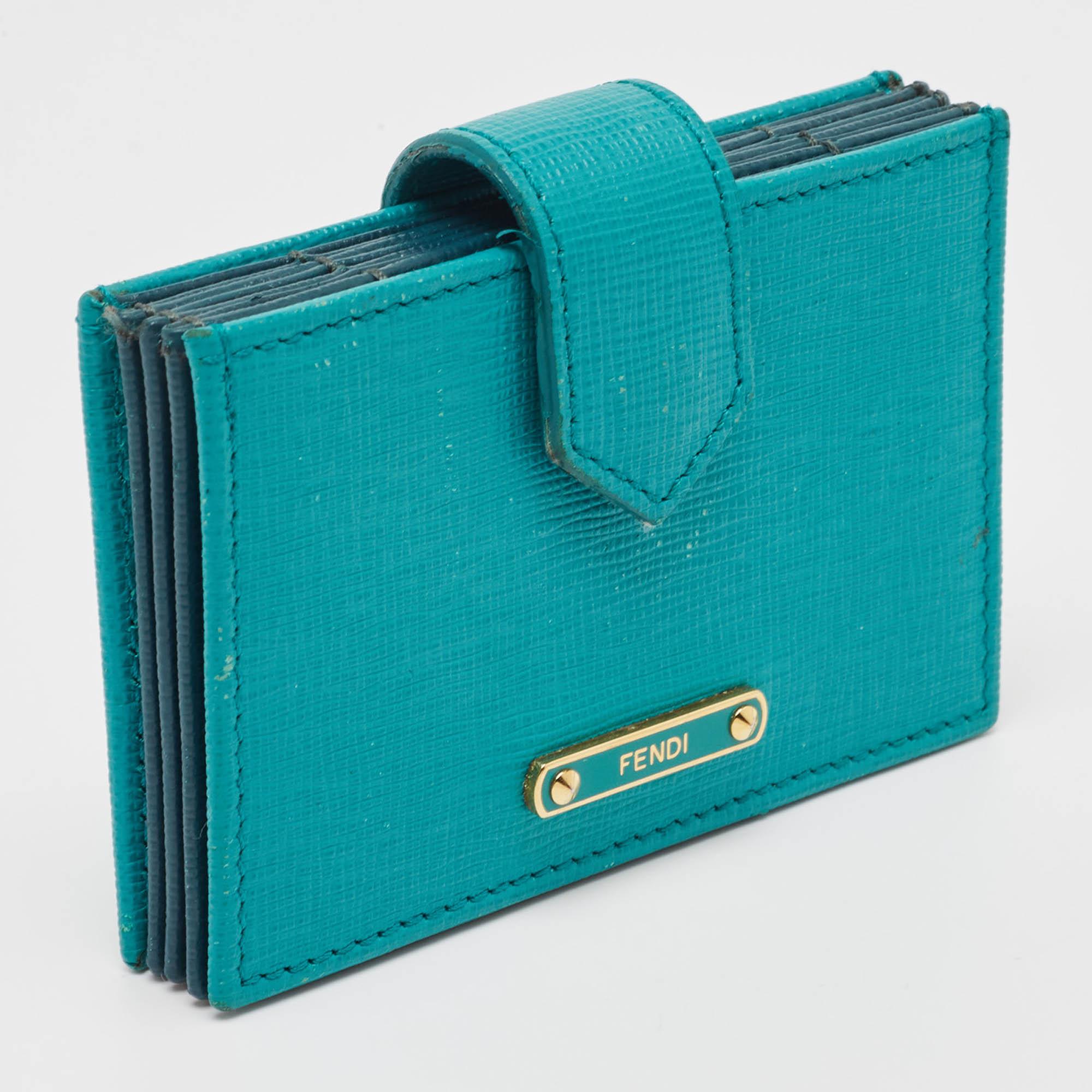 Fendi Green/Teal Leather Elite Accordion Card Holder In Good Condition In Dubai, Al Qouz 2