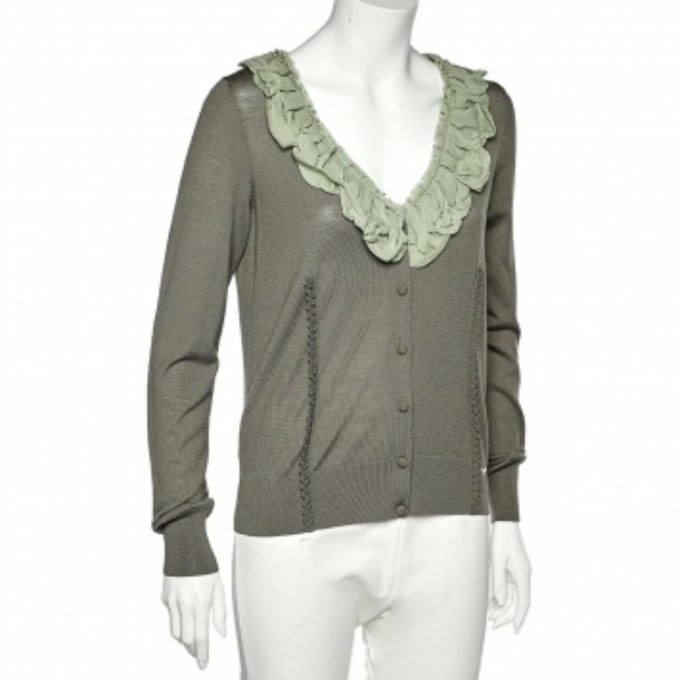 Fendi Grüner Cardigan mit Rüschenausschnitt aus Wolle und Seide L (Grau)