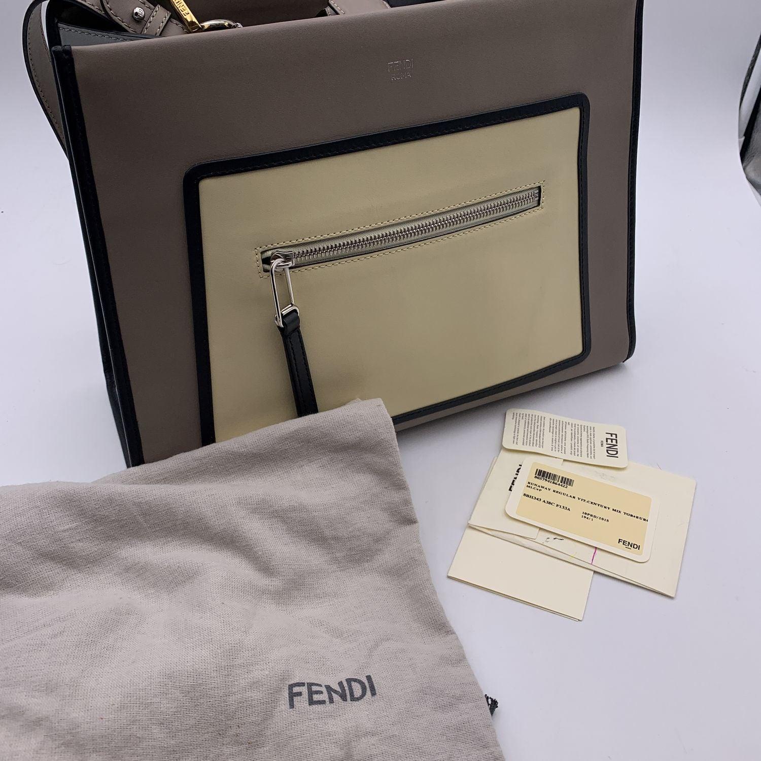 Fendi Grey Beige Black Leather Runaway Tote Bag with Two Straps For Sale 1
