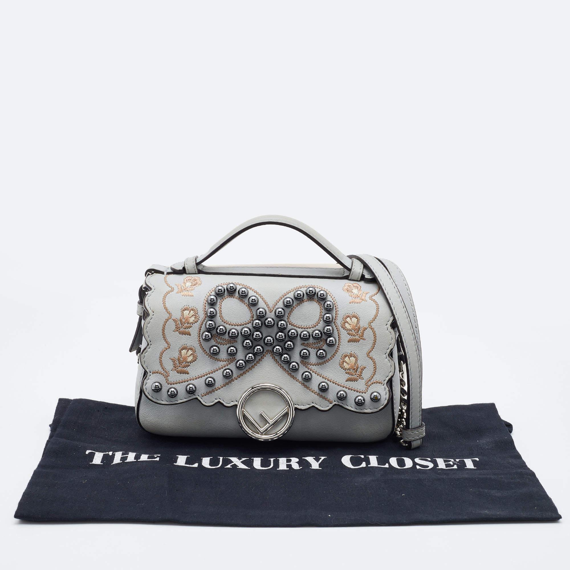 Women's Fendi Grey/Beige Embellished Leather Micro Double Baguette Bag