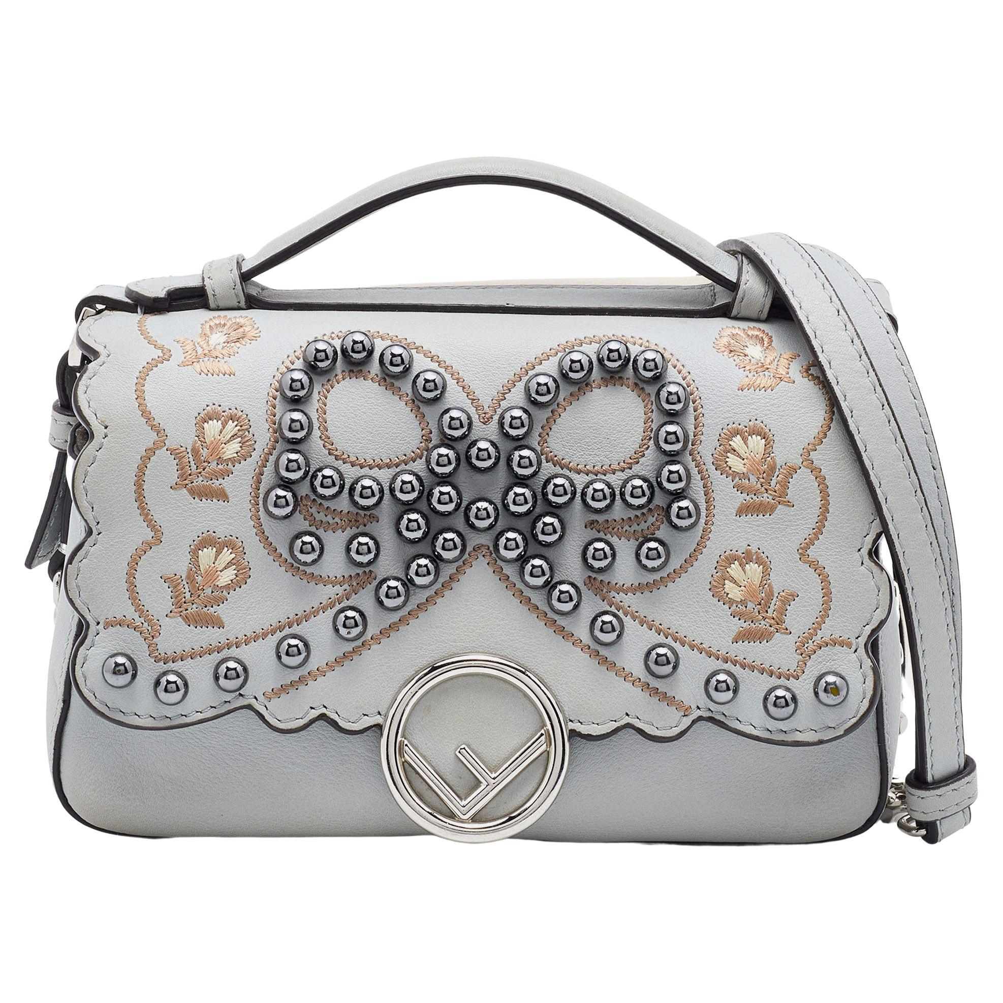 Fendi Grey/Beige Embellished Leather Micro Double Baguette Bag