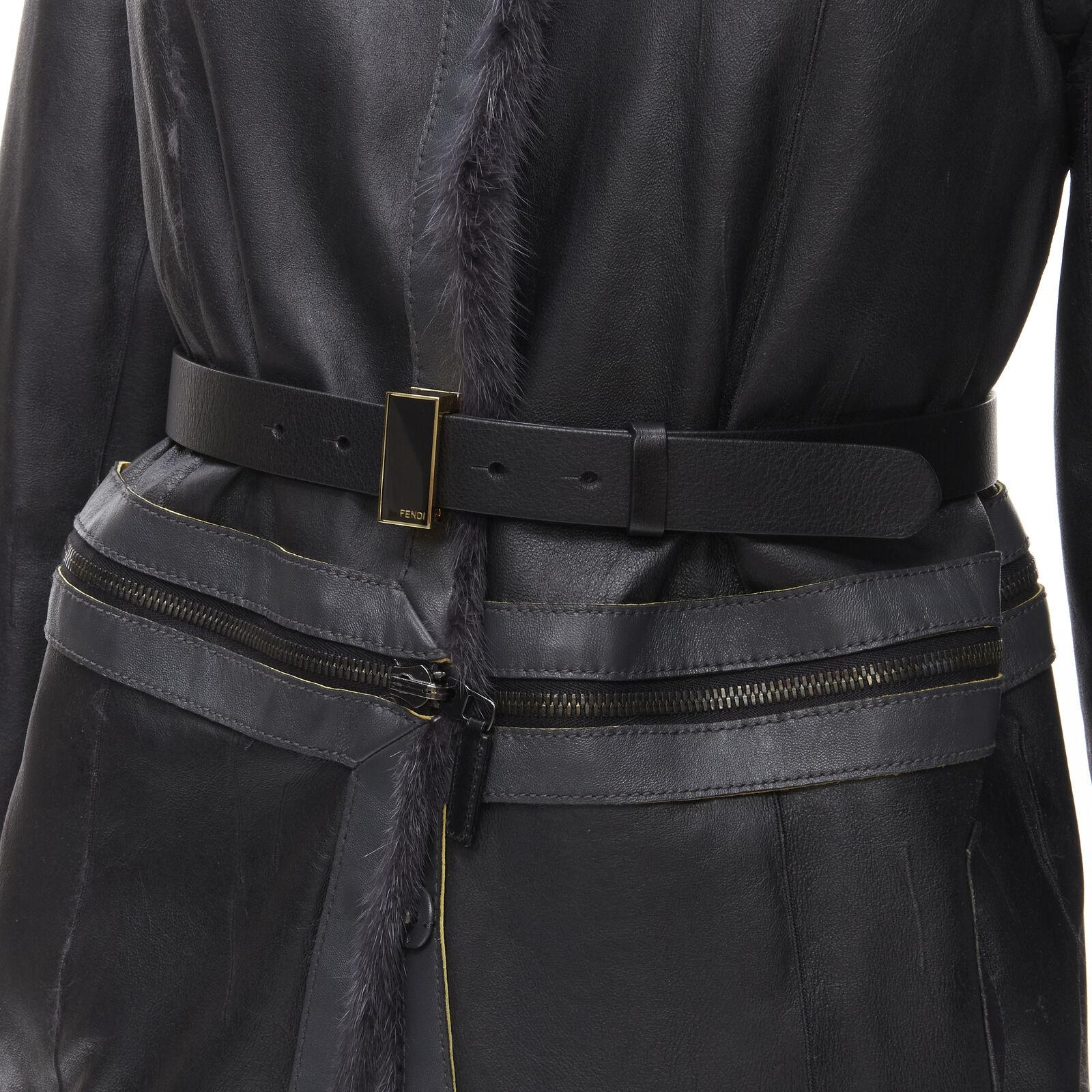 FENDI grey black fur leather 4-way reversible zip belted coat jacket IT38 For Sale 5