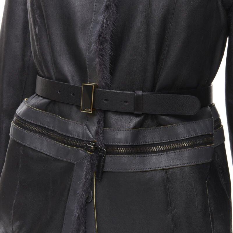 FENDI gris noir fourrure cuir 4-way réversible zip veste manteau ceinturée IT38 en vente 5