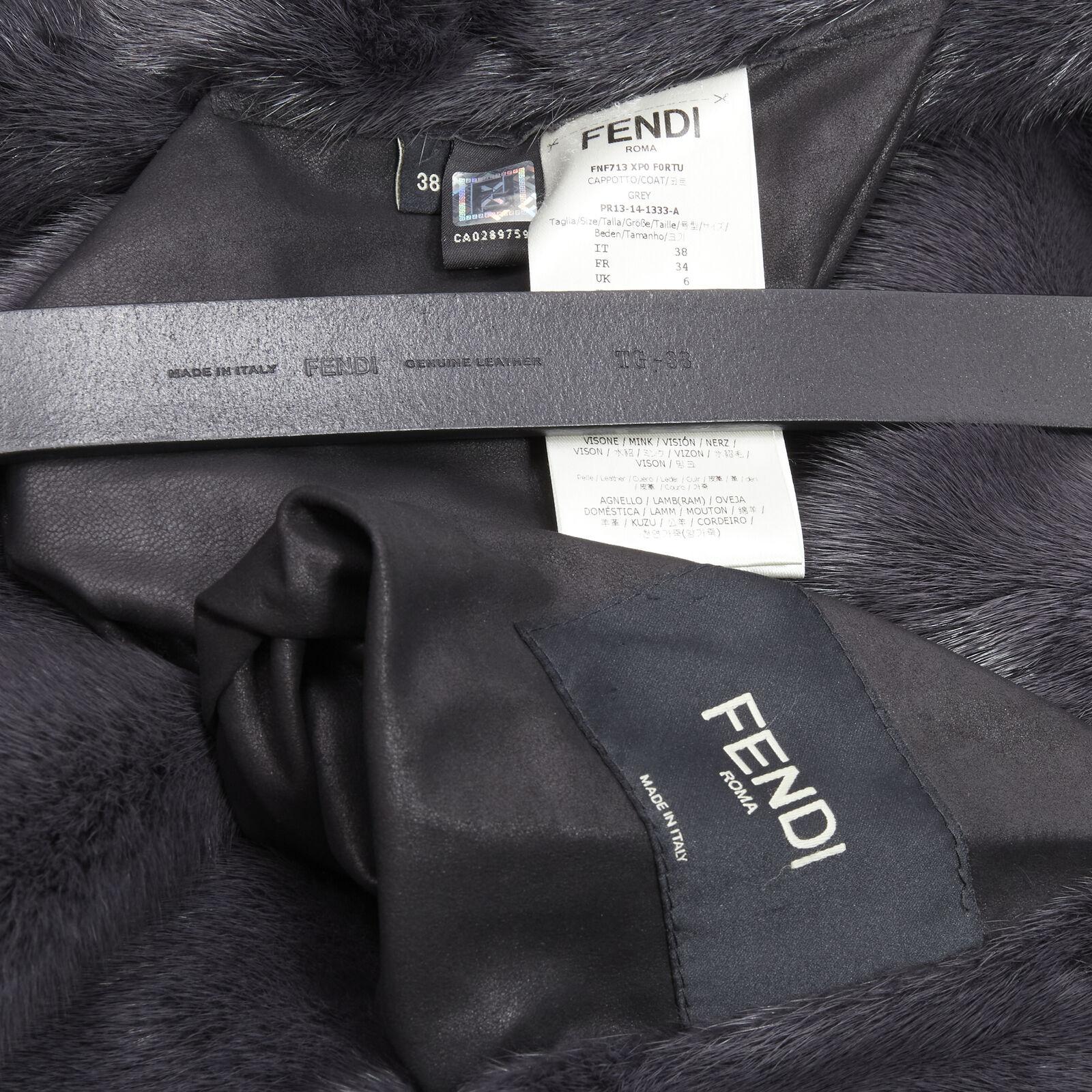FENDI grey black fur leather 4-way reversible zip belted coat jacket IT38 For Sale 7
