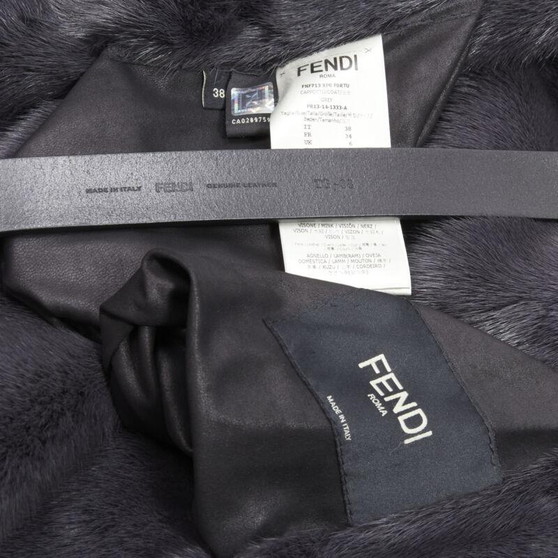 FENDI gris noir fourrure cuir 4-way réversible zip veste manteau ceinturée IT38 en vente 7