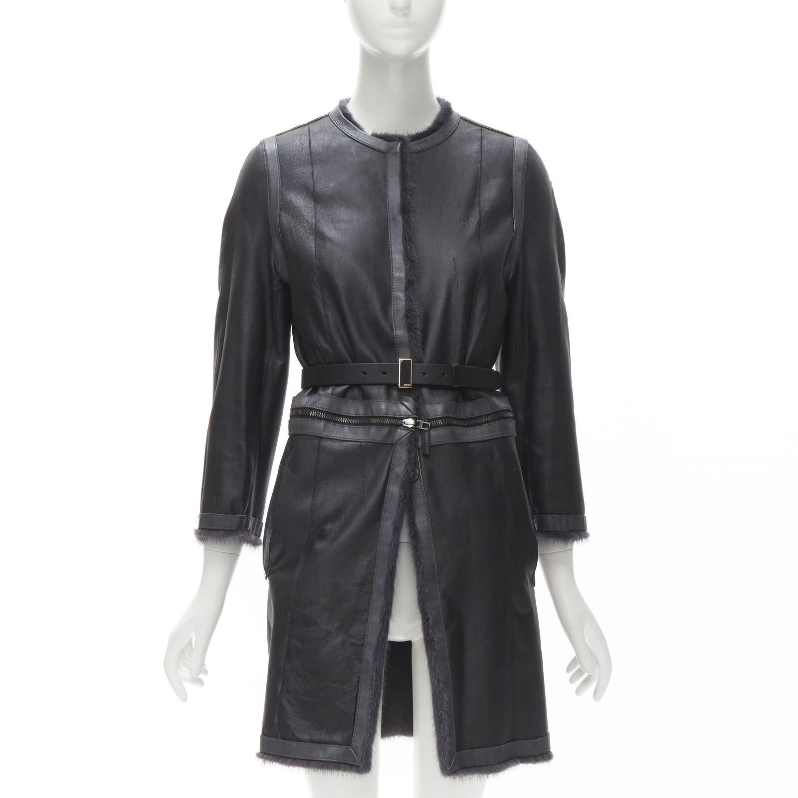 FENDI grey black fur leather 4-way reversible zip belted coat jacket IT38
Reference: KNLM/A00076
Brand: Fendi
Material: Fur, Leather
Color: Black, Grey
Pattern: Solid
Closure: Snap Buttons
Lining: Leather
Extra Details: Leather snap buttons.