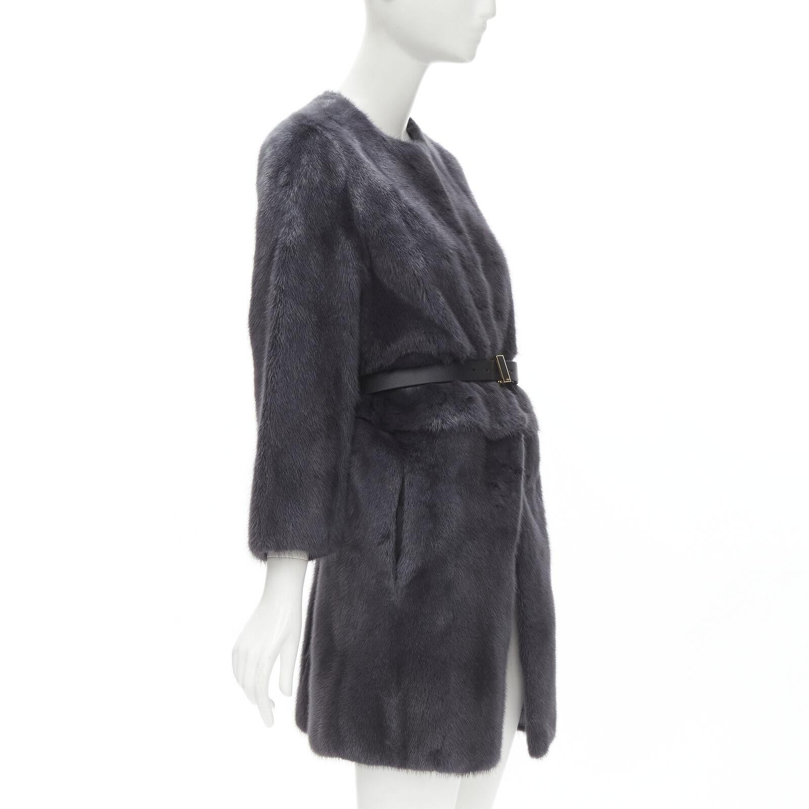Black FENDI grey black fur leather 4-way reversible zip belted coat jacket IT38 For Sale