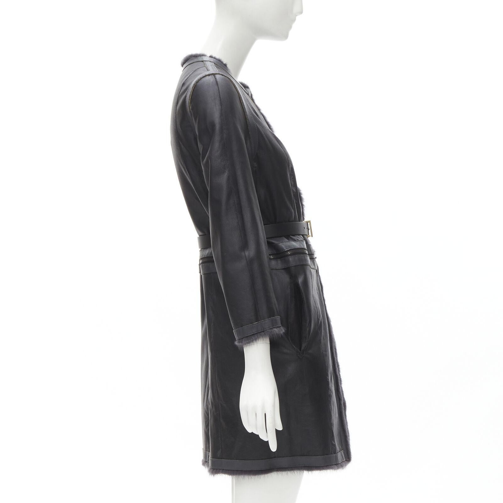 Women's FENDI grey black fur leather 4-way reversible zip belted coat jacket IT38 For Sale