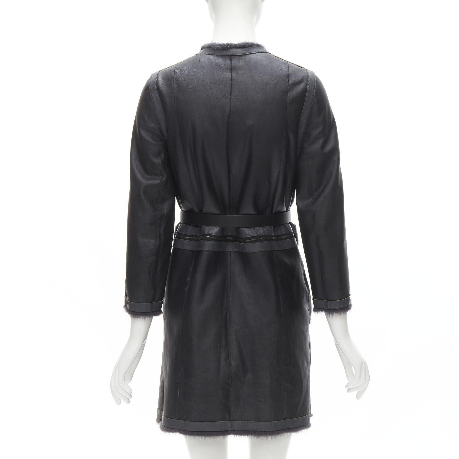 FENDI grey black fur leather 4-way reversible zip belted coat jacket IT38 For Sale 3