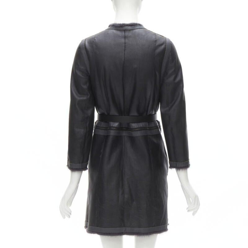 FENDI gris noir fourrure cuir 4-way réversible zip veste manteau ceinturée IT38 en vente 3