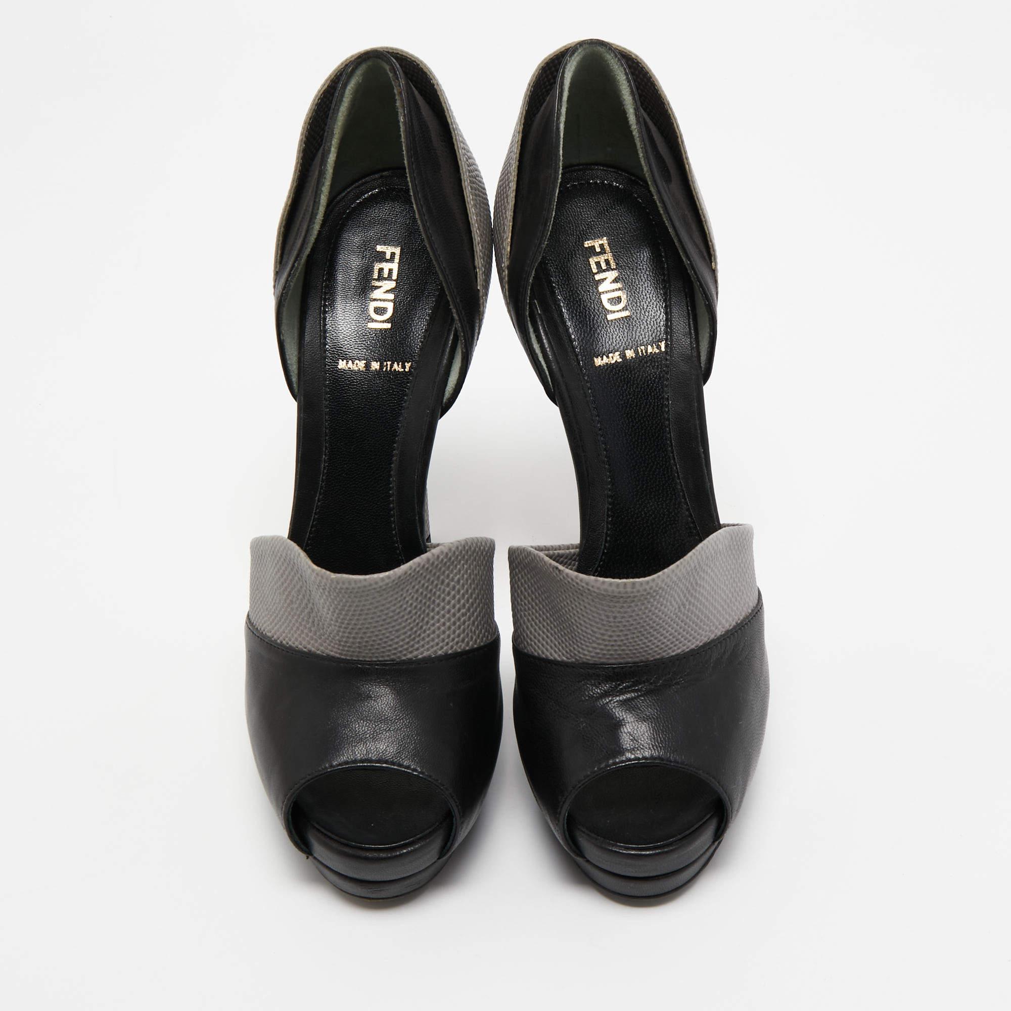 Fendi Anemone Pumps aus grauem/Schwarzem Leder und geprägtem Leder mit Eidechsenprägung in Peep Toe Größe Damen im Angebot
