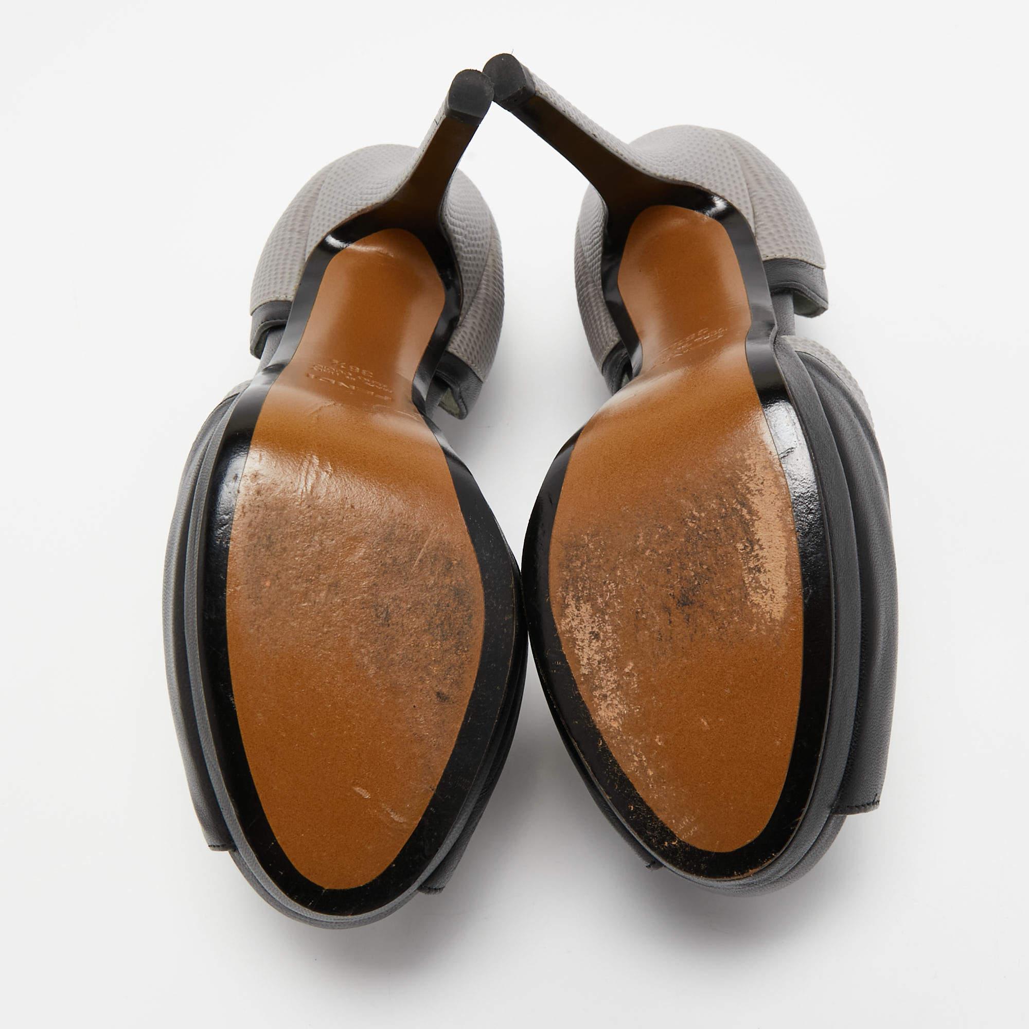 Fendi Anemone Pumps aus grauem/Schwarzem Leder und geprägtem Leder mit Eidechsenprägung in Peep Toe Größe im Angebot 1