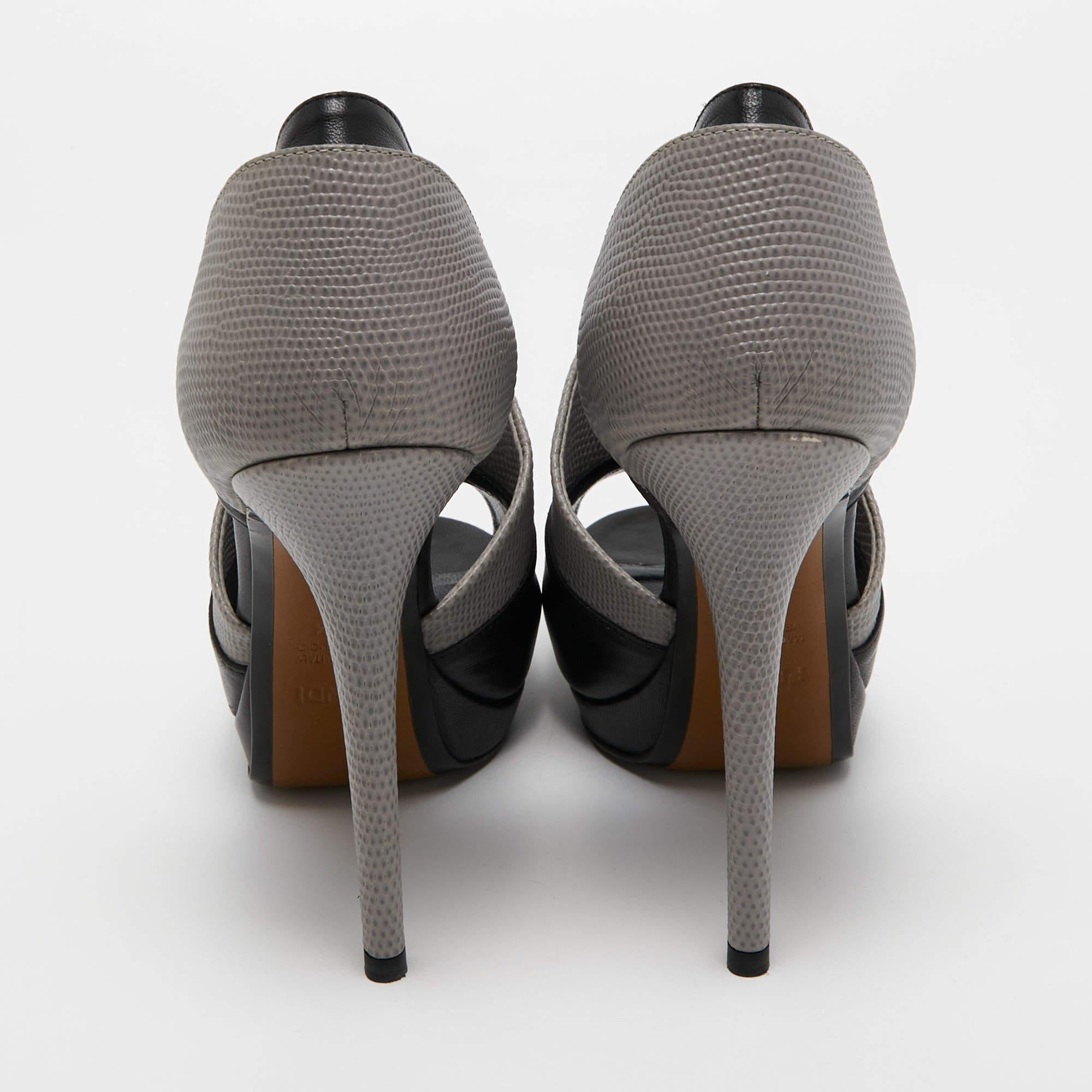 Fendi Grey/Black Leather and Lizard Embossed Leather Peep Toe Anemone Pumps Size For Sale 3