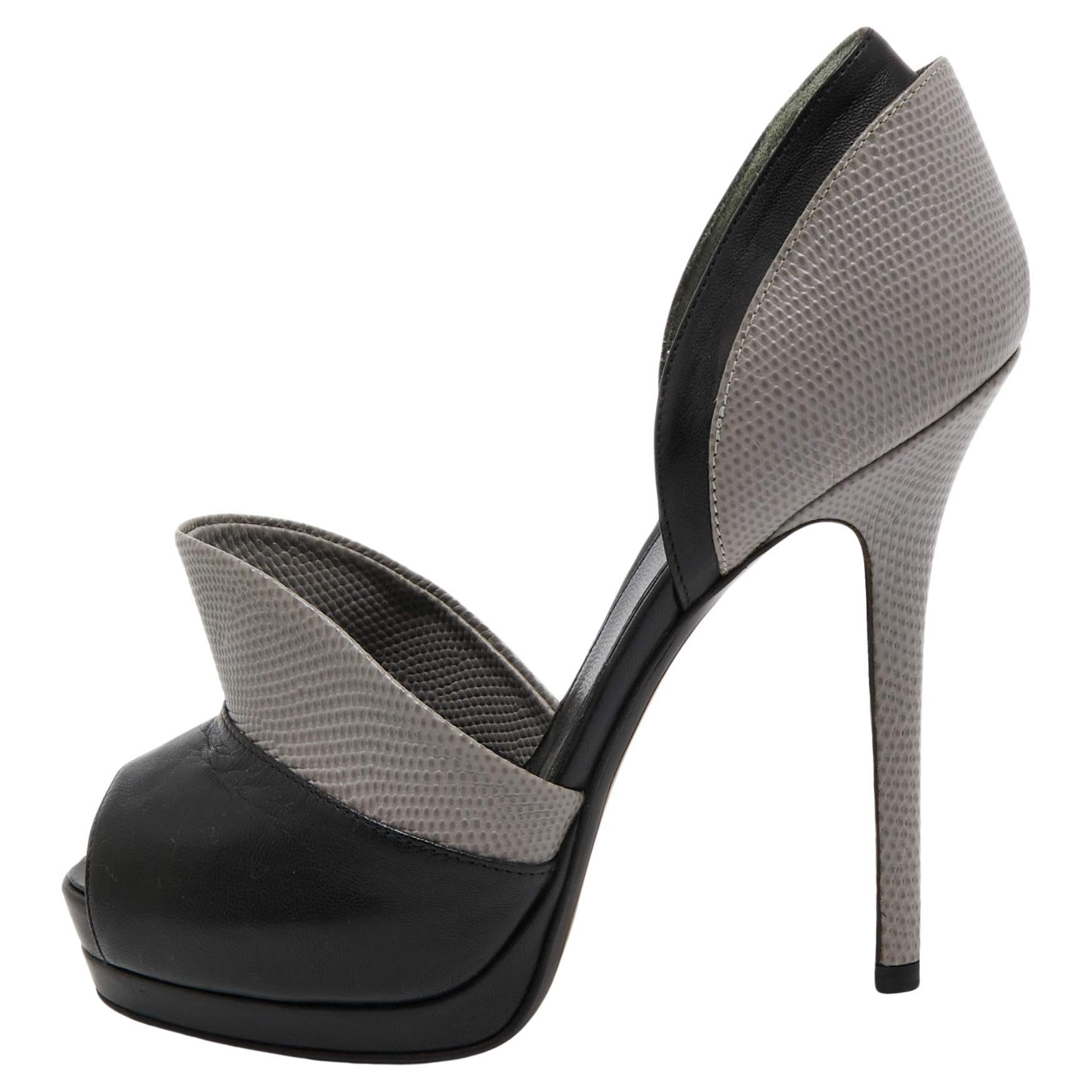 Fendi Grey/Black Leather and Lizard Embossed Leather Peep Toe Anemone Pumps Size For Sale