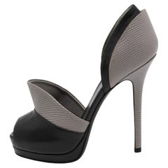 Used Fendi Grey/Black Leather and Lizard Embossed Leather Peep Toe Anemone Pumps Size
