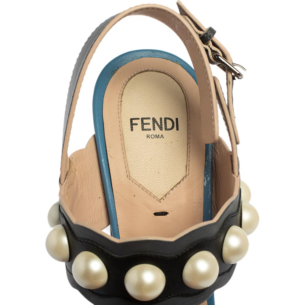 Black Fendi Grey/Blue Leather Pearl Studded Platform Ankle Strap Sandals Size 36