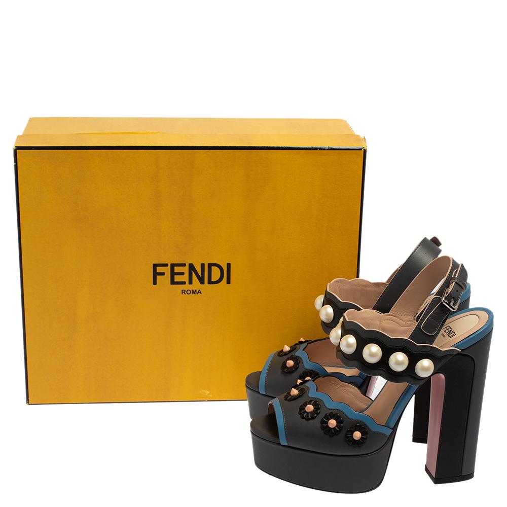 Women's Fendi Grey/Blue Leather Pearl Studded Platform Ankle Strap Sandals Size 36